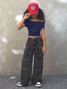 Coolane Tween Girls Four Seasons Solid Color Off Shoulder Form-Fitting Cropped Top T-Shirt ,Back To School ,Y2K ,Streetwear - Navy Blue - View 4