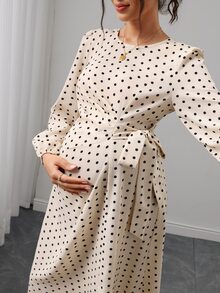 Momance Maternity French Elegant Polka Dot Print Pleated Tie-Up Slit Dress Fall - Pink - View 5