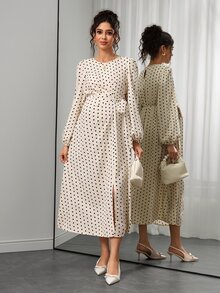 Momance Maternity French Elegant Polka Dot Print Pleated Tie-Up Slit Dress Fall - Pink - View 11