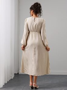 Momance Maternity French Elegant Polka Dot Print Pleated Tie-Up Slit Dress Fall - Pink - View 9
