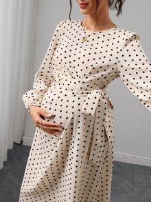 Momance Maternity French Elegant Polka Dot Print Pleated Tie-Up Slit Dress Fall - Pink - View 13