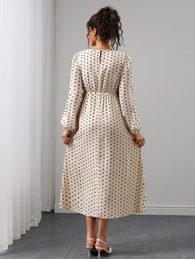 Momance Maternity French Elegant Polka Dot Print Pleated Tie-Up Slit Dress Fall - Pink - View 2