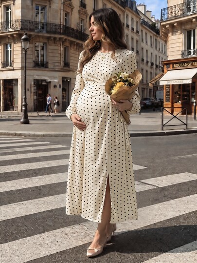Momance 孕婦法式優雅波點印花百褶綁帶開衩洋裝 秋季
