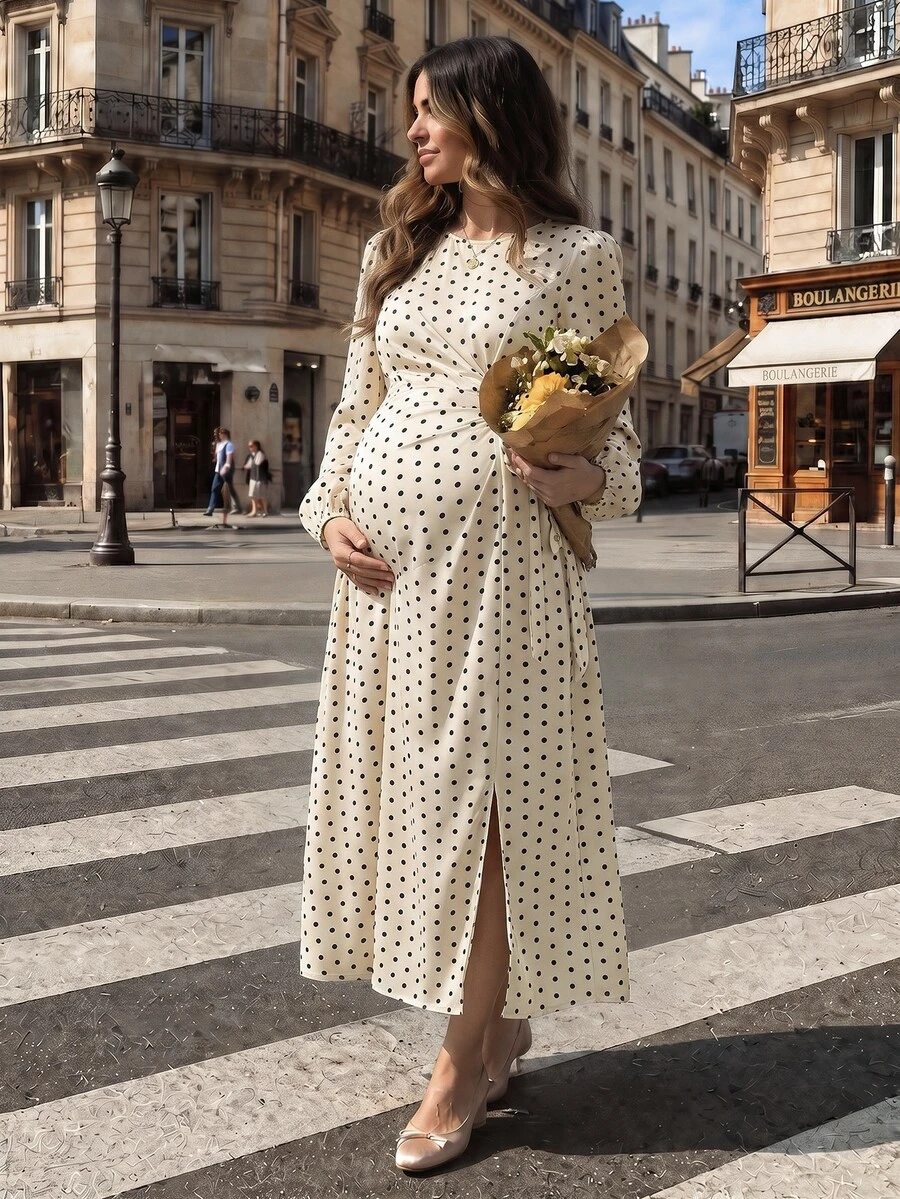 Momance Maternity French Elegant Polka Dot Print Pleated Tie-Up Slit Dress Fall - Pink - View 1