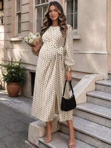 Momance Maternity French Elegant Polka Dot Print Pleated Tie-Up Slit Dress Fall - Pink - View 8