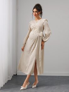 Momance Maternity French Elegant Polka Dot Print Pleated Tie-Up Slit Dress Fall - Pink - View 3