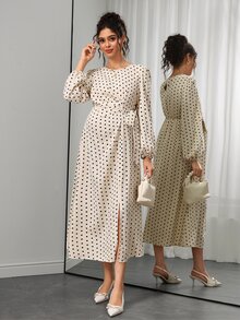 Momance Maternity French Elegant Polka Dot Print Pleated Tie-Up Slit Dress Fall - Pink - View 12