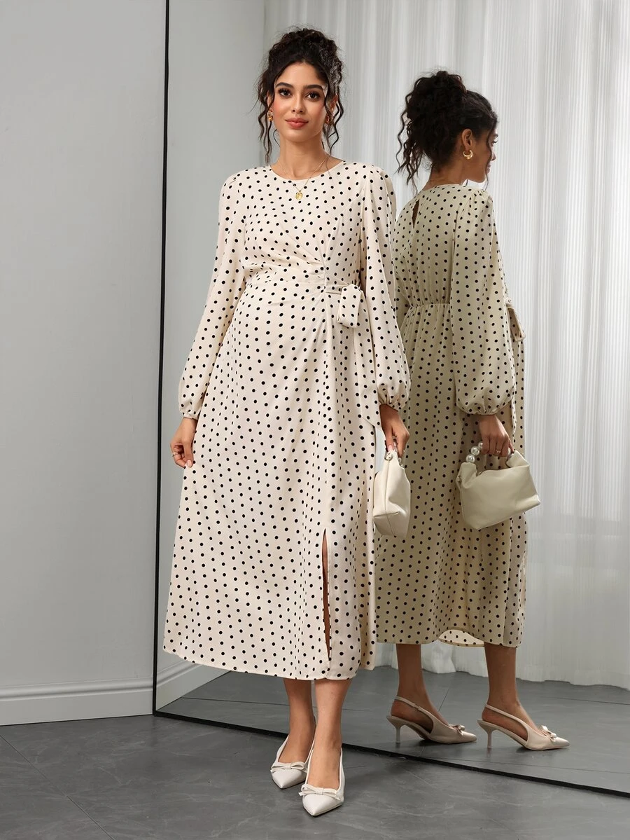 Momance Maternity French Elegant Celestial Casual Baby White Print Pleated Tie-Up Slit Dress Fall Photoshoot Formal Party Morning - Pink - View 1