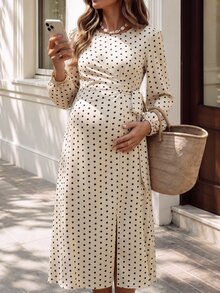 Momance Maternity French Elegant Polka Dot Print Pleated Tie-Up Slit Dress Fall - Pink - View 7