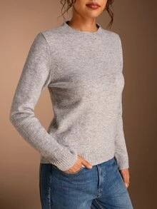 SHEIN BASICS Regular Fit Long Sleeve Crew Neck Knit Top - Khaki - View 1