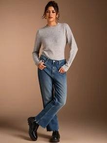 SHEIN BASICS Regular Fit Long Sleeve Crew Neck Knit Top - Khaki - View 5
