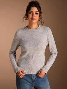 SHEIN BASICS Regular Fit Long Sleeve Crew Neck Knit Top - Khaki - View 4
