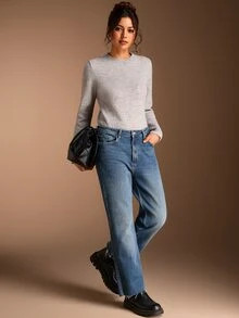 SHEIN BASICS Regular Fit Long Sleeve Crew Neck Knit Top - Khaki - View 2