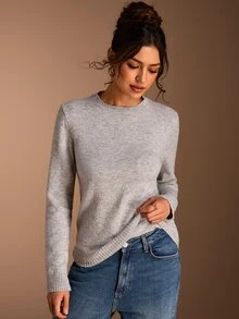 SHEIN BASICS Regular Fit Long Sleeve Crew Neck Knit Top - Khaki - View 3