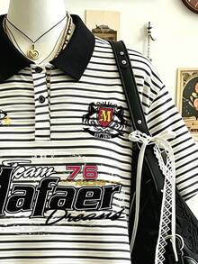 Lalippa 復古圖案印花條紋數位印花時尚極簡女款領口短袖T恤好友禮物 - 白色 - 查看 3