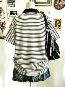 Lalippa 復古圖案印花條紋數位印花時尚極簡女款領口短袖T恤好友禮物 - 白色 - 查看 2