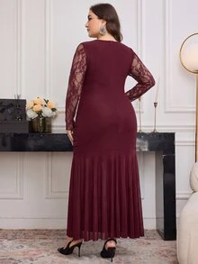 Modelyn Plus Size Women's Elegant Lace Contrast Mesh Burgundy Long Sleeve Ruched Waist Knit Dress, Suitable For Party Dinner Date Occasions Wedding Autumn - Burgundy - View 3