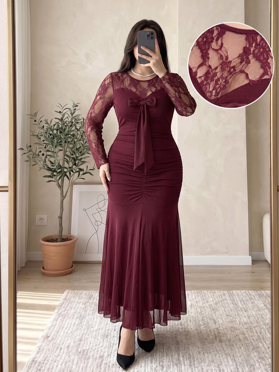 Modelyn Plus Size Women's Elegant Lace Contrast Mesh Burgundy Long Sleeve Ruched Waist Knit Dress, Suitable For Party Dinner Date Occasions Wedding Autumn