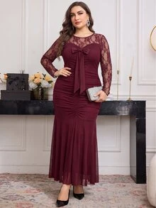 Modelyn Plus Size Women's Elegant Lace Contrast Mesh Burgundy Long Sleeve Ruched Waist Knit Dress, Suitable For Party Dinner Date Occasions Wedding Autumn - Burgundy - View 6