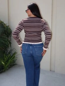MDEdit Women's Casual Striped Frill Trim Cardigan, Autumn/Winter - Brown - View 2