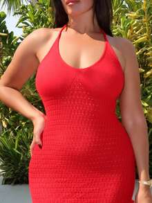MDEdit Vacation Halter Ruffled Backless Knit Mini Red Dress - Red - View 4