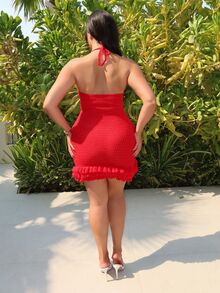 MDEdit Vacation Halter Ruffled Backless Knit Mini Red Dress - Red - View 2