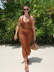 MDEdit Women's Vacation Casual Backless Halter Knit Dress Crochet Maxi Dress Summer Maxi Dress Beach Maxi Dress Crochet Dress Vacation Dress In Fall/Winter - Coffee Brown - View 3