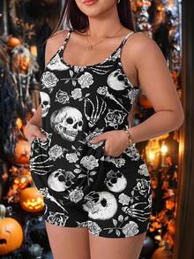 SHEIN EZwear Plus Gaun Cami Motif Tengkorak & Bunga - Grey - View 1