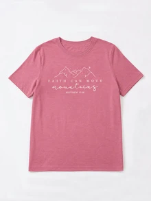 INAWLY Women's Letter Mountain Print Round Neck Short Sleeve Casual T-Shirt - Redwood - View 3