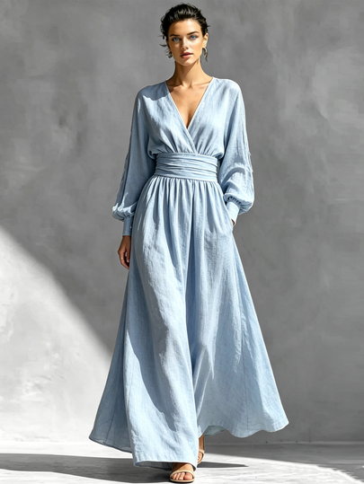 LUMIGAL Women's Solid Color Pleated Waist Long Sleeve Crossover Neck Dress, Suitable For Casual Vacations And Commuting.