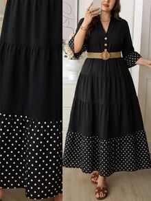 Comfylo Plus Size Vacation Casual Polka Dot Print Patchwork Dress Fall - Black - View 5