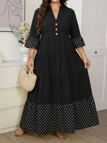 Comfylo Plus Size Vacation Casual Polka Dot Print Patchwork Dress Fall - Black - View 7