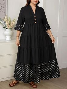 Comfylo Plus Size Vacation Casual Polka Dot Print Patchwork Dress Fall - Black - View 4