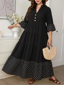 Comfylo Plus Size Vacation Casual Polka Dot Print Patchwork Dress Fall - Black - View 3