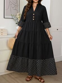 Comfylo Plus Size Vacation Casual Polka Dot Print Patchwork Dress Fall - Black - View 6