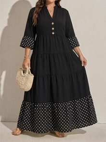 Comfylo Plus Size Vacation Casual Polka Dot Print Patchwork Dress Fall - Black - View 1