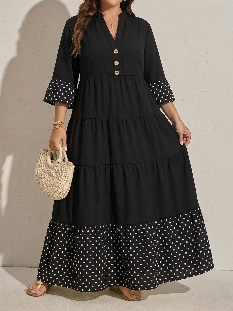 Comfylo Plus Size Vacation Casual Polka Dot Print Patchwork Dress Fall - Black - View 1