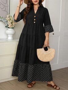 Comfylo Plus Size Vacation Casual Polka Dot Print Patchwork Dress Fall - Black - View 8