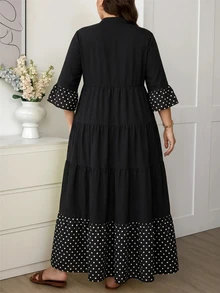 Comfylo Plus Size Vacation Casual Polka Dot Print Patchwork Dress Fall - Black - View 2