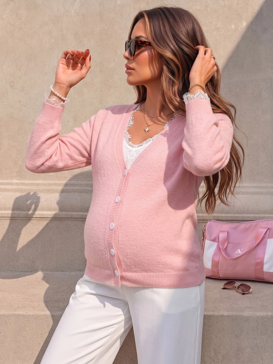 SHEIN Maternity Sweater Loose Fit V-Neck Button Lace Trim Design Casual Daily Solid Color Long Sleeve Knit Cardigan Winter - Pink - View 1