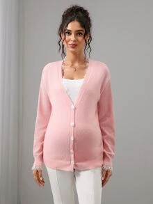 SHEIN Maternity Sweater Loose Fit V-Neck Button Lace Trim Design Casual Daily Solid Color Long Sleeve Knit Cardigan Winter - Pink - View 9