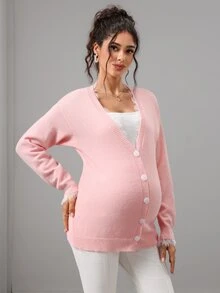 SHEIN Maternity Sweater Loose Fit V-Neck Button Lace Trim Design Casual Daily Solid Color Long Sleeve Knit Cardigan Winter - Pink - View 10