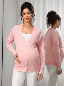 SHEIN Maternity Sweater Loose Fit V-Neck Button Lace Trim Design Casual Daily Solid Color Long Sleeve Knit Cardigan Winter - Pink - View 7