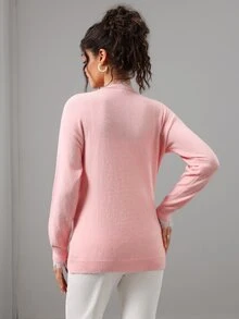 SHEIN Maternity Sweater Loose Fit V-Neck Button Lace Trim Design Casual Daily Solid Color Long Sleeve Knit Cardigan Winter - Pink - View 13