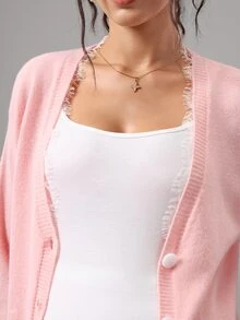 SHEIN Maternity Sweater Loose Fit V-Neck Button Lace Trim Design Casual Daily Solid Color Long Sleeve Knit Cardigan Winter - Pink - View 15