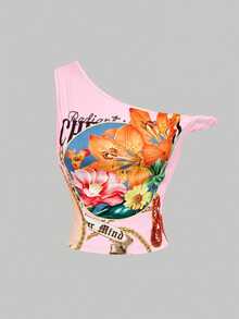 SHEIN MOD 女款單肩字母花卉印花修身百搭日常休閒Y2K上衣 粉色 夏季 生日 萬聖節 開學季 - 粉色 - 查看 1