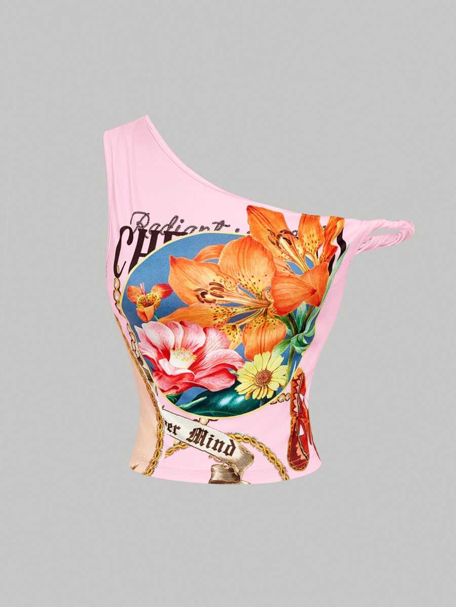 SHEIN MOD 女款單肩字母花卉印花修身百搭日常休閒Y2K上衣 粉色 夏季 生日 萬聖節 開學季 - 粉色 - 查看 1