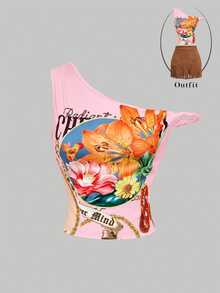 SHEIN MOD 女款單肩字母花卉印花修身百搭日常休閒Y2K上衣 粉色 夏季 生日 萬聖節 開學季 - 粉色 - 查看 6