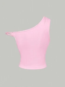 SHEIN MOD 女款單肩字母花卉印花修身百搭日常休閒Y2K上衣 粉色 夏季 生日 萬聖節 開學季 - 粉色 - 查看 2