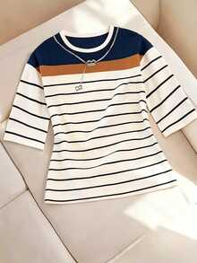 SHEIN LUNE CURVE Plus Size Women's Striped Colorblock Casual Daily Short Sleeve T-Shirt Fall - Multicolor - View 6